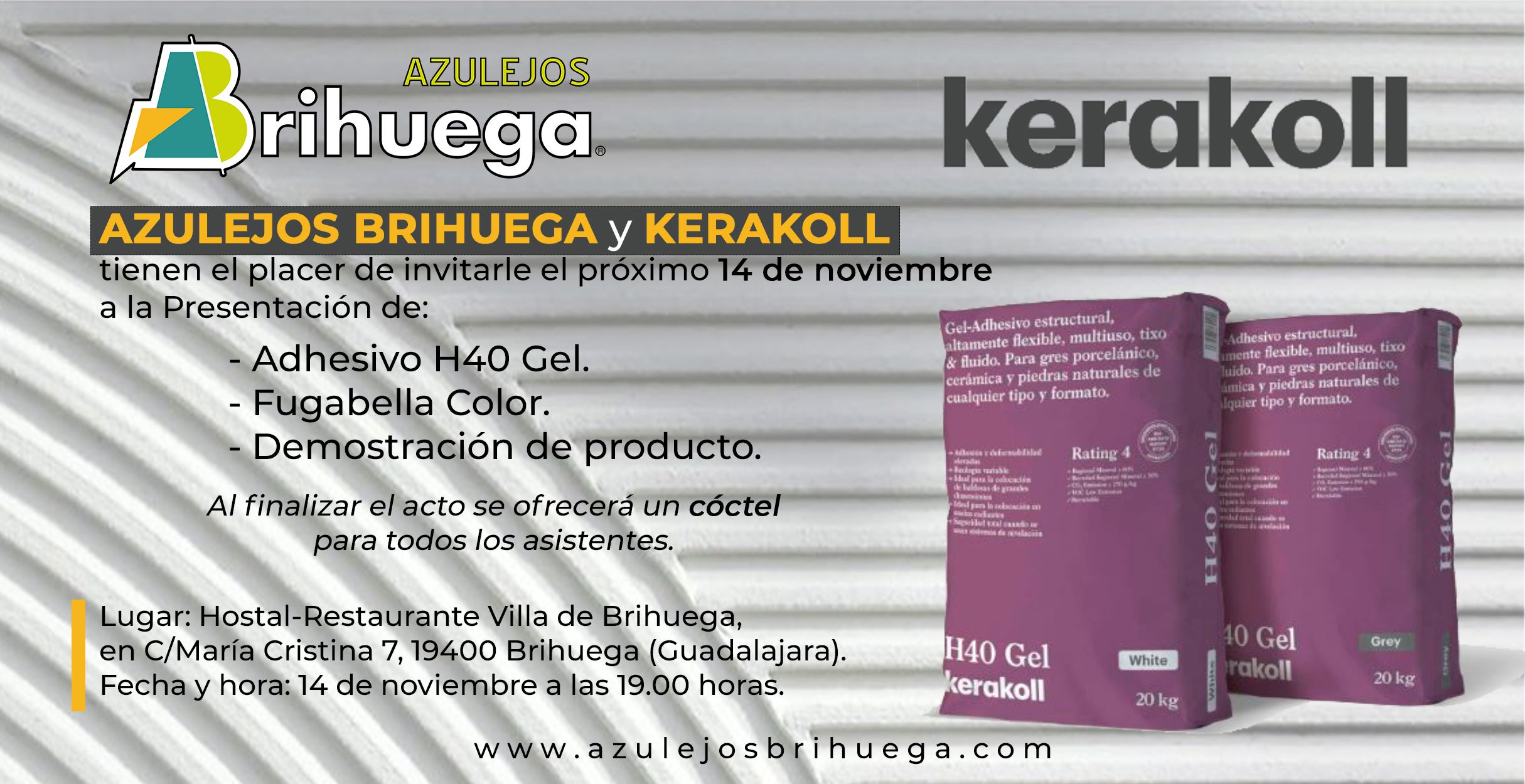 Invitación al evento de Kerakoll con Azulejos Brihuega en el Villa de Brihuega.