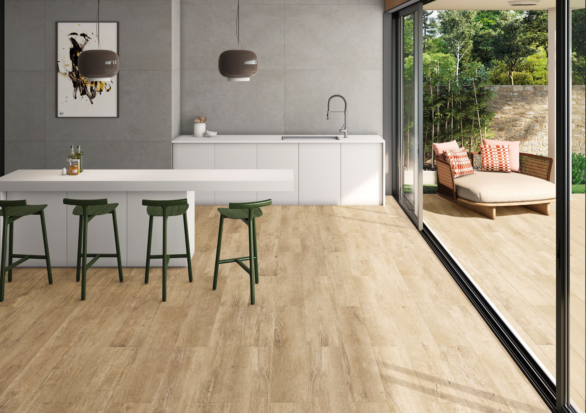 Ambiente con pavimento imitación madera All in one de Peronda, apto para interior y exterior.