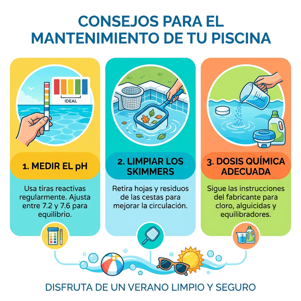 Infografía con trucos de mantenimiento de la piscina.